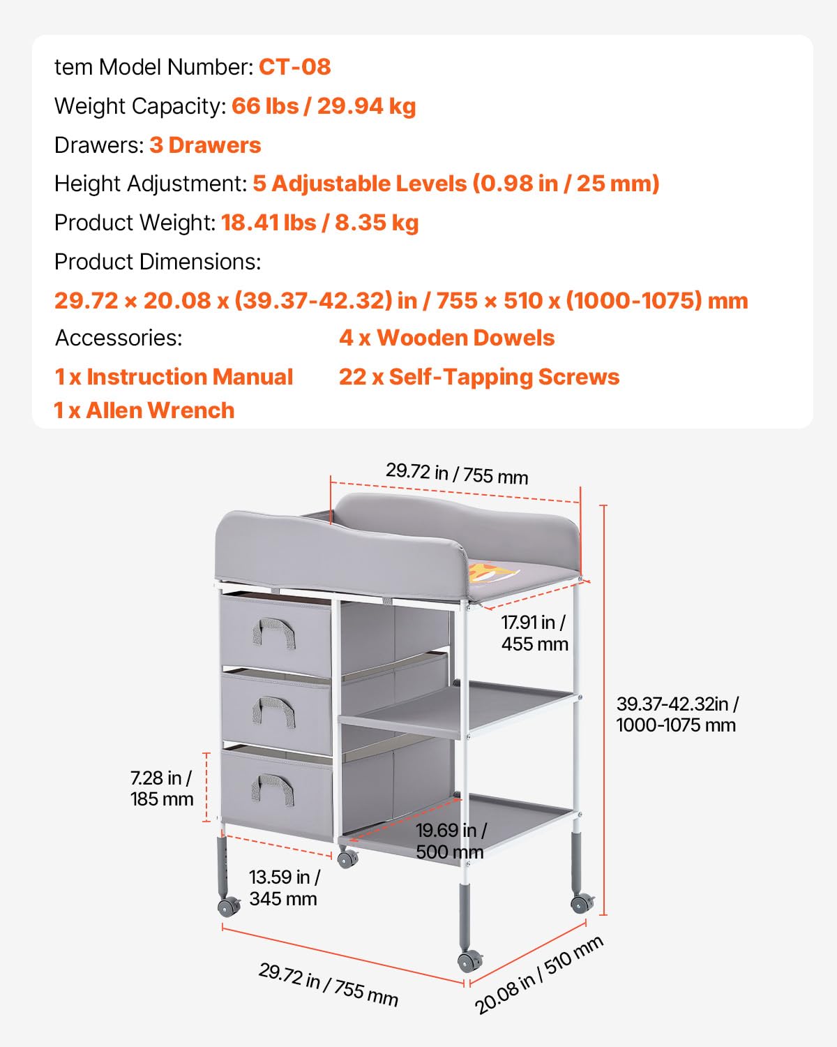 Baby Changing Table, Adjustable Height Diaper Change Station with 3 Fabric Drawers & Lockable Wheels, Portable Multifunctional Changing Station Table with Storage Organizer Nursery, Gray