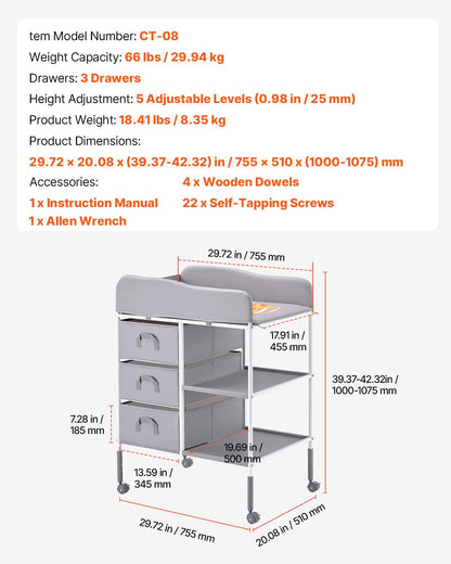 Baby Changing Table, Adjustable Height Diaper Change Station with 3 Fabric Drawers & Lockable Wheels, Portable Multifunctional Changing Station Table with Storage Organizer Nursery, Gray