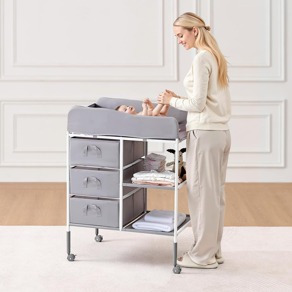 Baby Changing Table, Adjustable Height Diaper Change Station with 3 Fabric Drawers & Lockable Wheels, Portable Multifunctional Changing Station Table with Storage Organizer Nursery, Gray