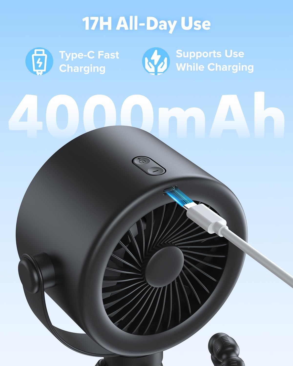 Baby Stroller Fan, Rechargeable Portable Clip on Fan, 17H Cooling