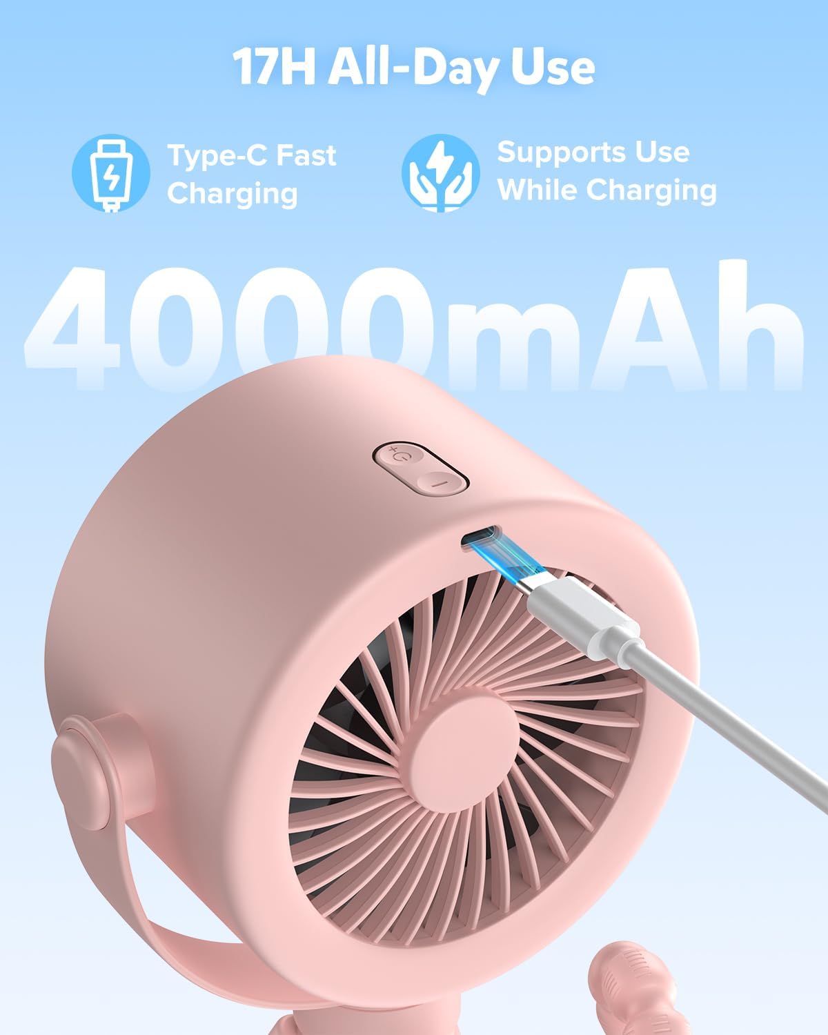 Baby Stroller Fan, Rechargeable Portable Clip on Fan, 17H Cooling