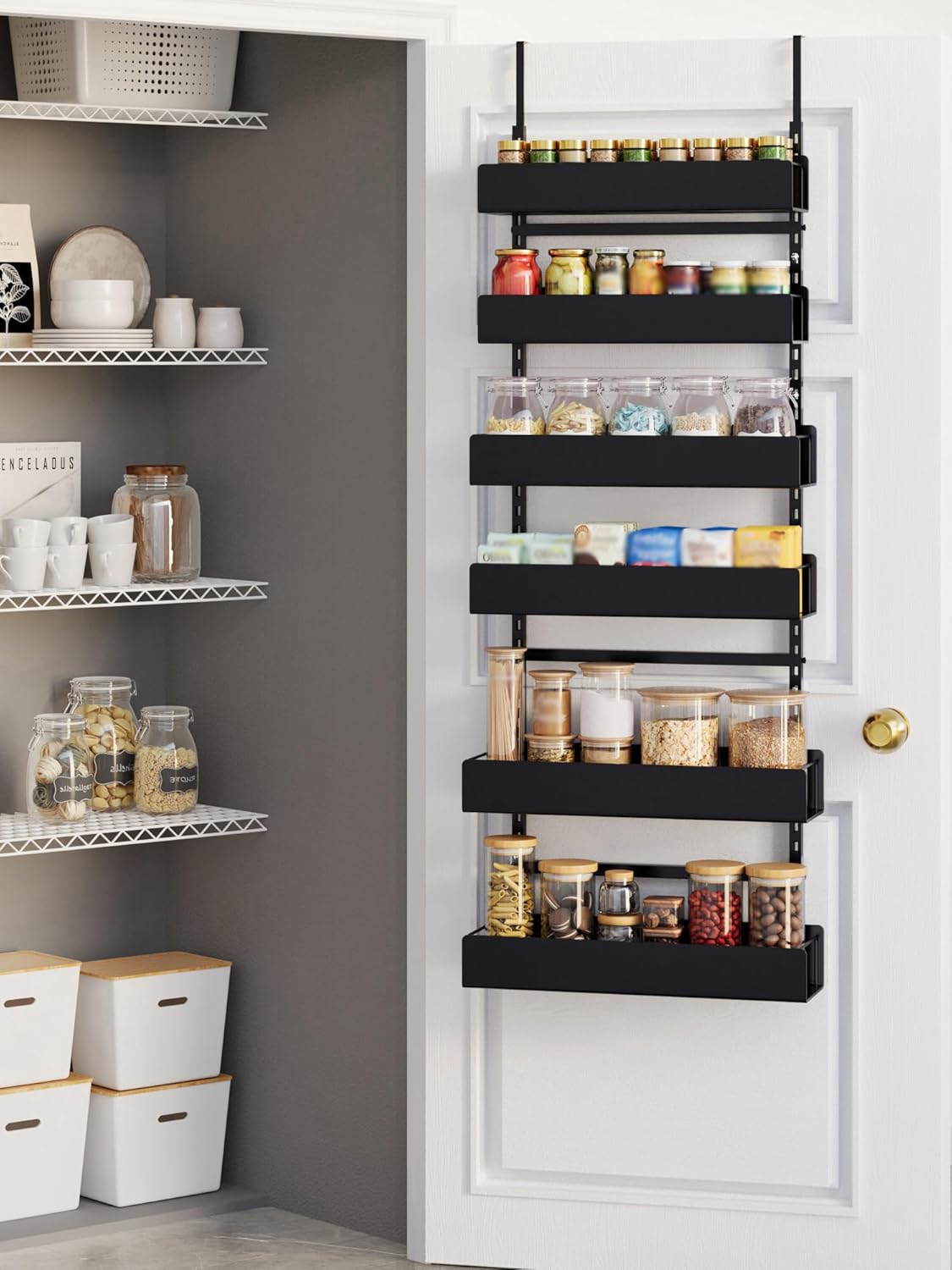 6-Tier Door Organizer, Heavy Duty Hanging Basket Spice Rack Shelves for Pantry Kitchen, Black