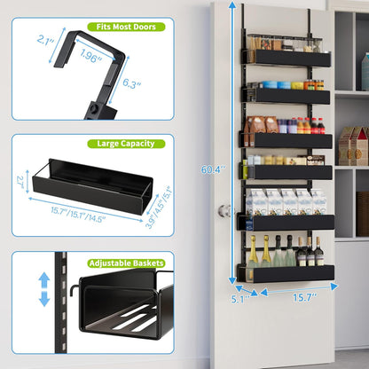 6-Tier Door Organizer, Heavy Duty Hanging Basket Spice Rack Shelves for Pantry Kitchen, Black