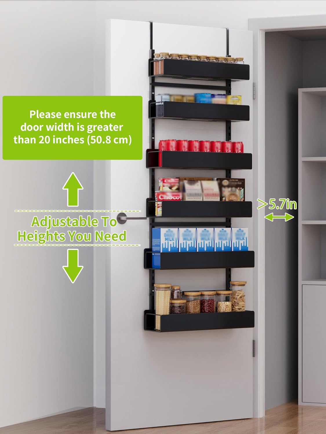 6-Tier Door Organizer, Heavy Duty Hanging Basket Spice Rack Shelves for Pantry Kitchen, Black