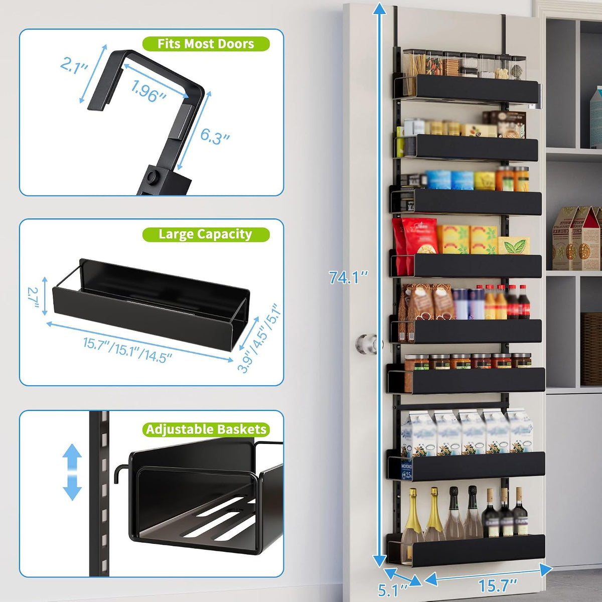 6-Tier Door Organizer, Heavy Duty Hanging Basket Spice Rack Shelves for Pantry Kitchen, Black