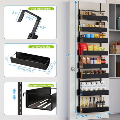 6-Tier Door Organizer, Heavy Duty Hanging Basket Spice Rack Shelves for Pantry Kitchen, Black