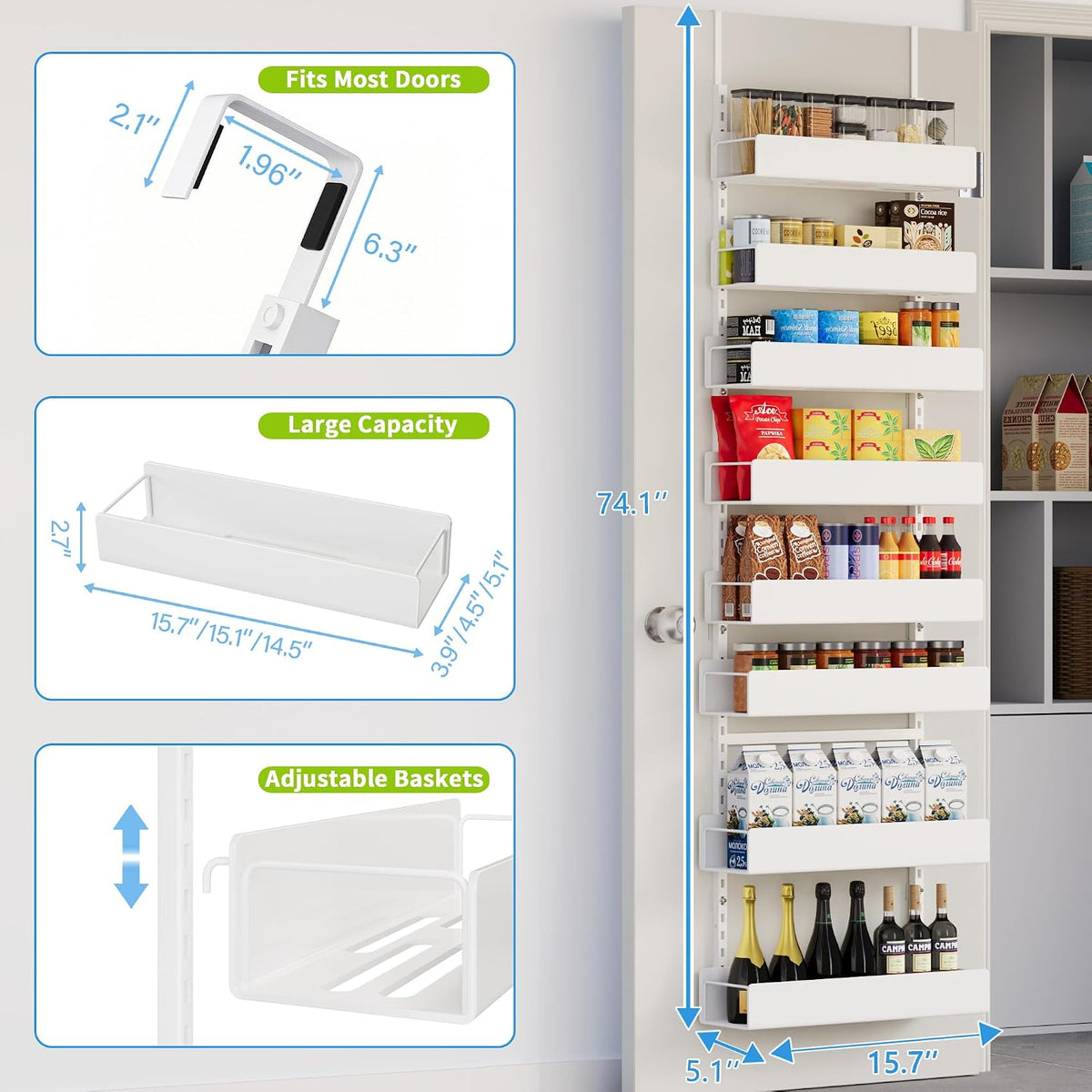 6-Tier Door Organizer, Heavy Duty Hanging Basket Spice Rack Shelves for Pantry Kitchen, Black