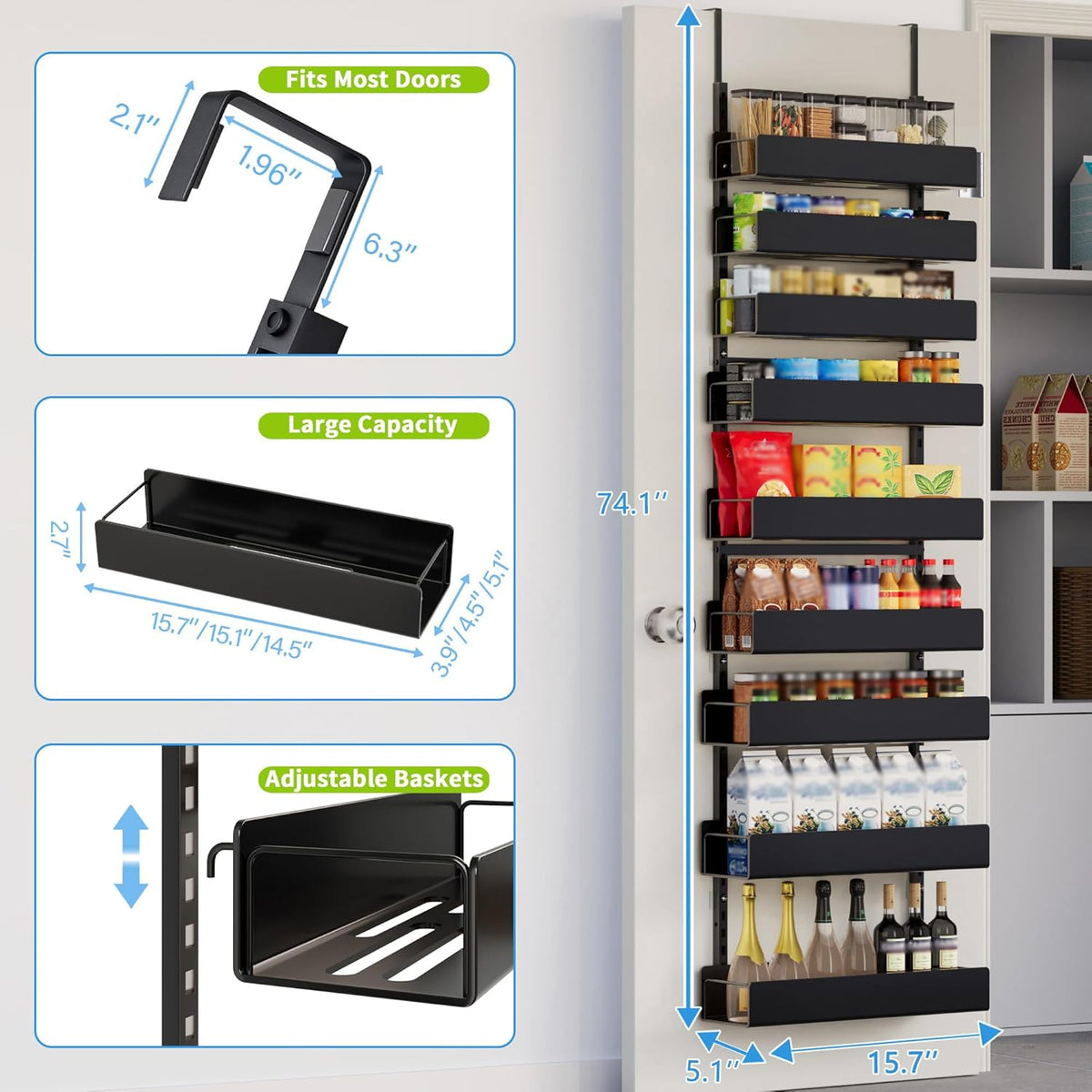 6-Tier Door Organizer, Heavy Duty Hanging Basket Spice Rack Shelves for Pantry Kitchen, Black