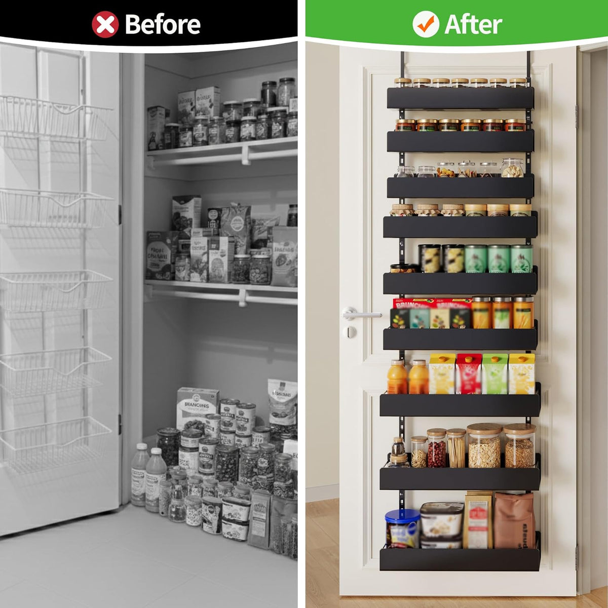 6-Tier Door Organizer, Heavy Duty Hanging Basket Spice Rack Shelves for Pantry Kitchen, Black