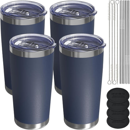 Travel Coffee Tumbler 20oz, 4 Pack Leakproof Travel Coffee Mug with Lid and Straw, Stainless Steel Double Wall Vacuum Insulated Tumbler for Hot/Iced Drinks (Textured Matte, Navy Blue)