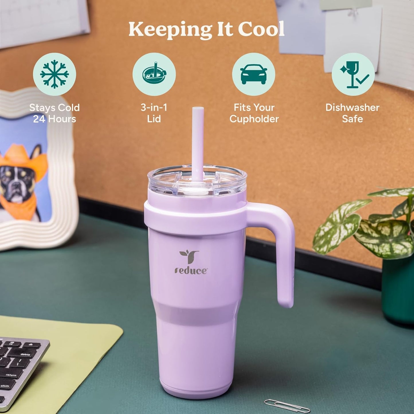 24 oz Stainless Steel Tumbler with Handle - Dual-Wall Vacuum Insulated Travel Mug, Sweat-Proof Lid & Reusable Straw - Keeps Drinks Cold for 24 Hrs, Fits Cupholders, Dishwasher Safe-Pink Cotton