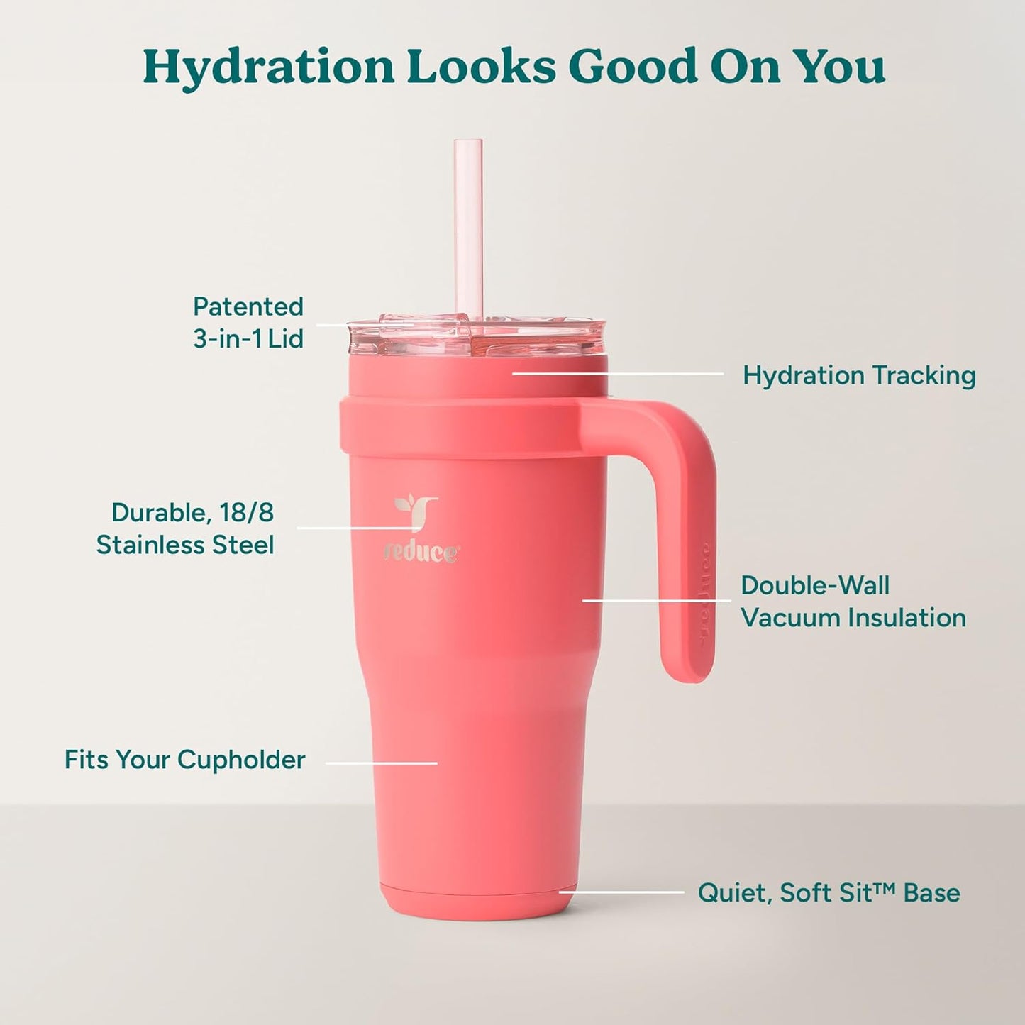 24 oz Stainless Steel Tumbler with Handle - Dual-Wall Vacuum Insulated Travel Mug, Sweat-Proof Lid & Reusable Straw - Keeps Drinks Cold for 24 Hrs, Fits Cupholders, Dishwasher Safe-Pink Cotton