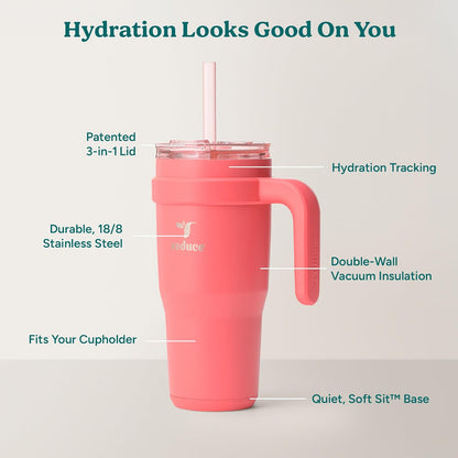 24 oz Stainless Steel Tumbler with Handle - Dual-Wall Vacuum Insulated Travel Mug, Sweat-Proof Lid & Reusable Straw - Keeps Drinks Cold for 24 Hrs, Fits Cupholders, Dishwasher Safe-Pink Cotton