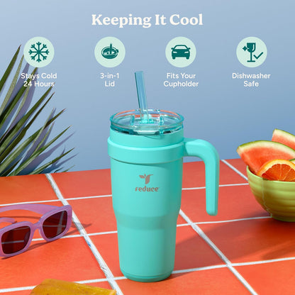 24 oz Stainless Steel Tumbler with Handle - Dual-Wall Vacuum Insulated Travel Mug, Sweat-Proof Lid & Reusable Straw - Keeps Drinks Cold for 24 Hrs, Fits Cupholders, Dishwasher Safe-Pink Cotton