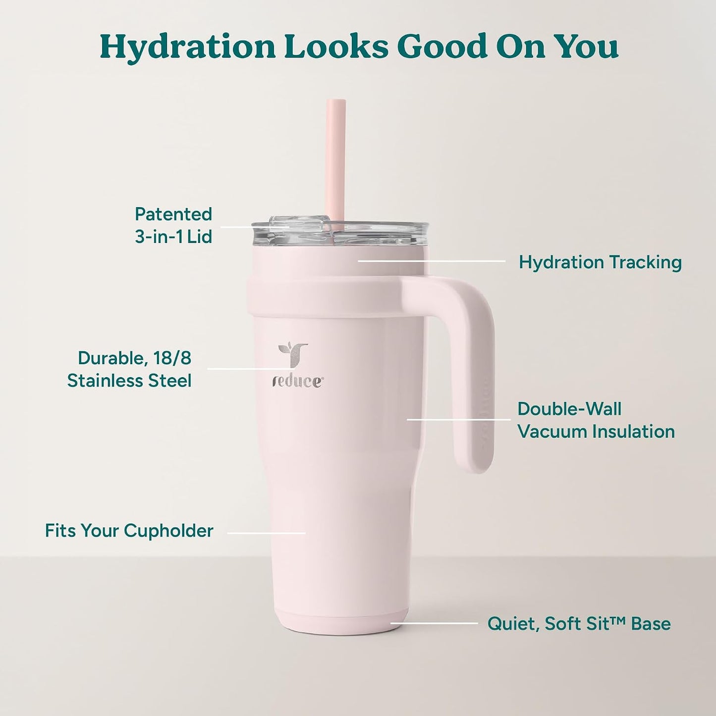 24 oz Stainless Steel Tumbler with Handle - Dual-Wall Vacuum Insulated Travel Mug, Sweat-Proof Lid & Reusable Straw - Keeps Drinks Cold for 24 Hrs, Fits Cupholders, Dishwasher Safe-Pink Cotton