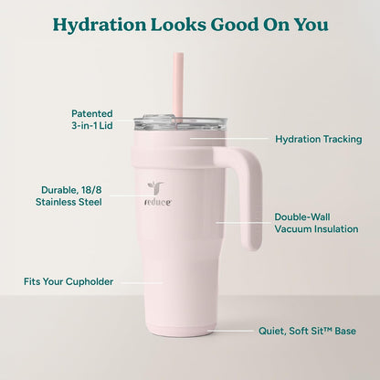 24 oz Stainless Steel Tumbler with Handle - Dual-Wall Vacuum Insulated Travel Mug, Sweat-Proof Lid & Reusable Straw - Keeps Drinks Cold for 24 Hrs, Fits Cupholders, Dishwasher Safe-Pink Cotton