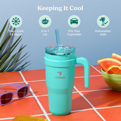 24 oz Stainless Steel Tumbler with Handle - Dual-Wall Vacuum Insulated Travel Mug, Sweat-Proof Lid & Reusable Straw - Keeps Drinks Cold for 24 Hrs, Fits Cupholders, Dishwasher Safe-Pink Cotton