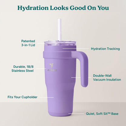 24 oz Stainless Steel Tumbler with Handle - Dual-Wall Vacuum Insulated Travel Mug, Sweat-Proof Lid & Reusable Straw - Keeps Drinks Cold for 24 Hrs, Fits Cupholders, Dishwasher Safe-Pink Cotton