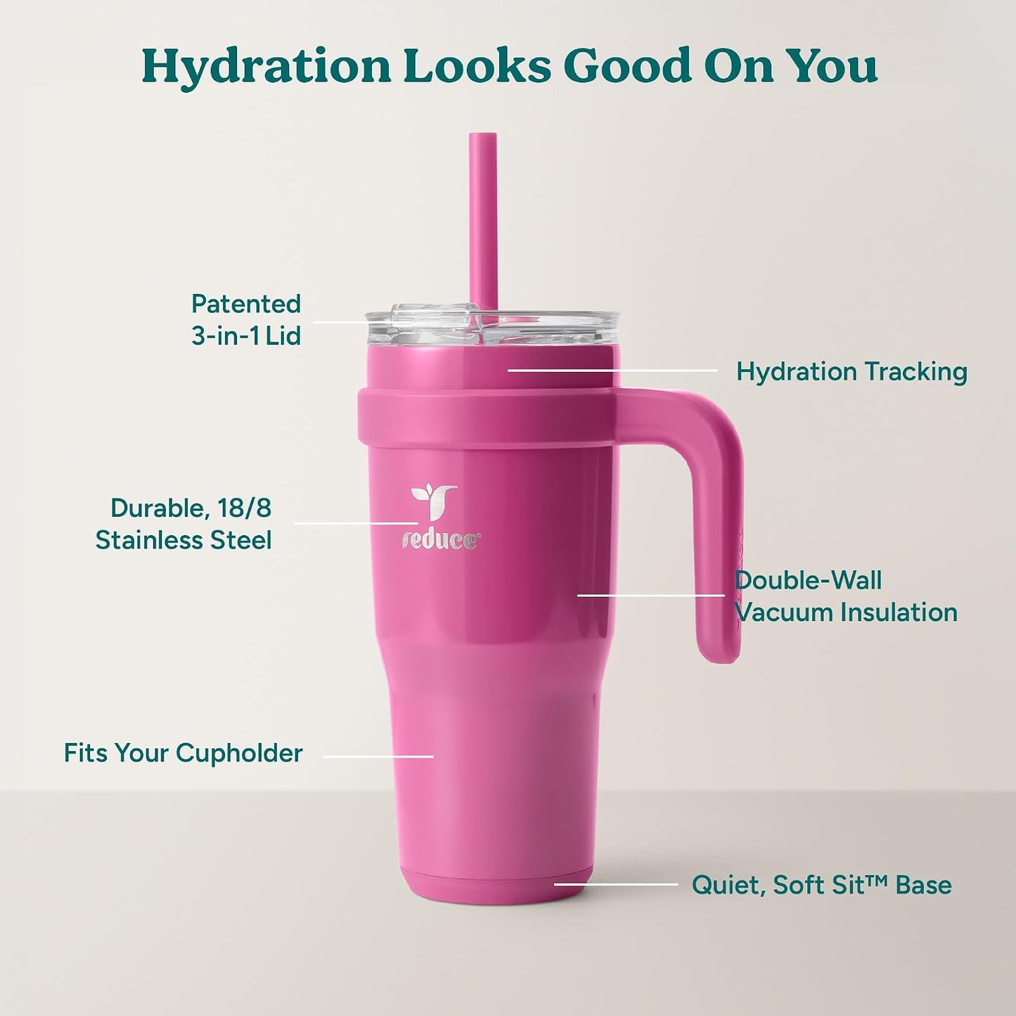 24 oz Stainless Steel Tumbler with Handle - Dual-Wall Vacuum Insulated Travel Mug, Sweat-Proof Lid & Reusable Straw - Keeps Drinks Cold for 24 Hrs, Fits Cupholders, Dishwasher Safe-Pink Cotton