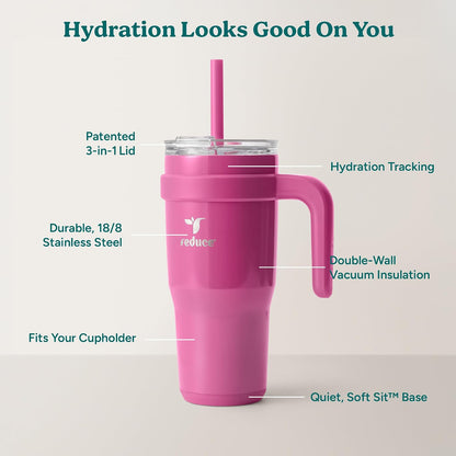 24 oz Stainless Steel Tumbler with Handle - Dual-Wall Vacuum Insulated Travel Mug, Sweat-Proof Lid & Reusable Straw - Keeps Drinks Cold for 24 Hrs, Fits Cupholders, Dishwasher Safe-Pink Cotton