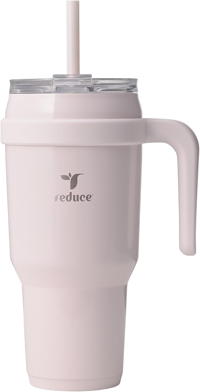 24 oz Stainless Steel Tumbler with Handle - Dual-Wall Vacuum Insulated Travel Mug, Sweat-Proof Lid & Reusable Straw - Keeps Drinks Cold for 24 Hrs, Fits Cupholders, Dishwasher Safe-Pink Cotton