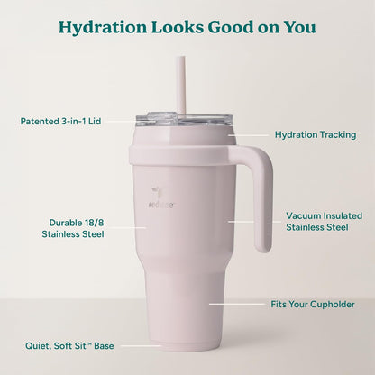 24 oz Stainless Steel Tumbler with Handle - Dual-Wall Vacuum Insulated Travel Mug, Sweat-Proof Lid & Reusable Straw - Keeps Drinks Cold for 24 Hrs, Fits Cupholders, Dishwasher Safe-Pink Cotton