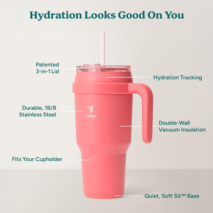 24 oz Stainless Steel Tumbler with Handle - Dual-Wall Vacuum Insulated Travel Mug, Sweat-Proof Lid & Reusable Straw - Keeps Drinks Cold for 24 Hrs, Fits Cupholders, Dishwasher Safe-Pink Cotton