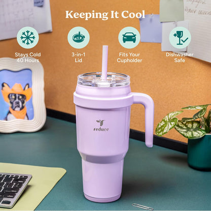 24 oz Stainless Steel Tumbler with Handle - Dual-Wall Vacuum Insulated Travel Mug, Sweat-Proof Lid & Reusable Straw - Keeps Drinks Cold for 24 Hrs, Fits Cupholders, Dishwasher Safe-Pink Cotton