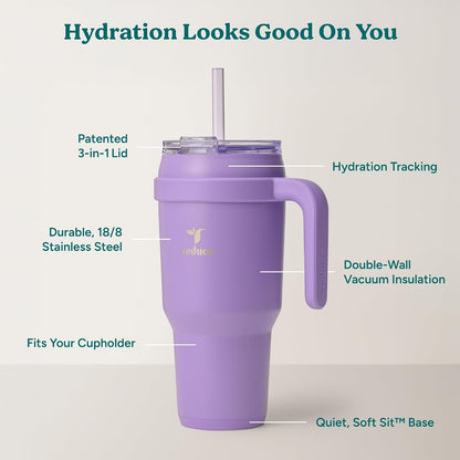 24 oz Stainless Steel Tumbler with Handle - Dual-Wall Vacuum Insulated Travel Mug, Sweat-Proof Lid & Reusable Straw - Keeps Drinks Cold for 24 Hrs, Fits Cupholders, Dishwasher Safe-Pink Cotton