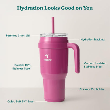 24 oz Stainless Steel Tumbler with Handle - Dual-Wall Vacuum Insulated Travel Mug, Sweat-Proof Lid & Reusable Straw - Keeps Drinks Cold for 24 Hrs, Fits Cupholders, Dishwasher Safe-Pink Cotton
