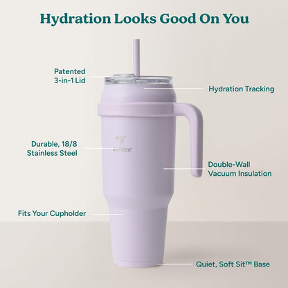 24 oz Stainless Steel Tumbler with Handle - Dual-Wall Vacuum Insulated Travel Mug, Sweat-Proof Lid & Reusable Straw - Keeps Drinks Cold for 24 Hrs, Fits Cupholders, Dishwasher Safe-Pink Cotton