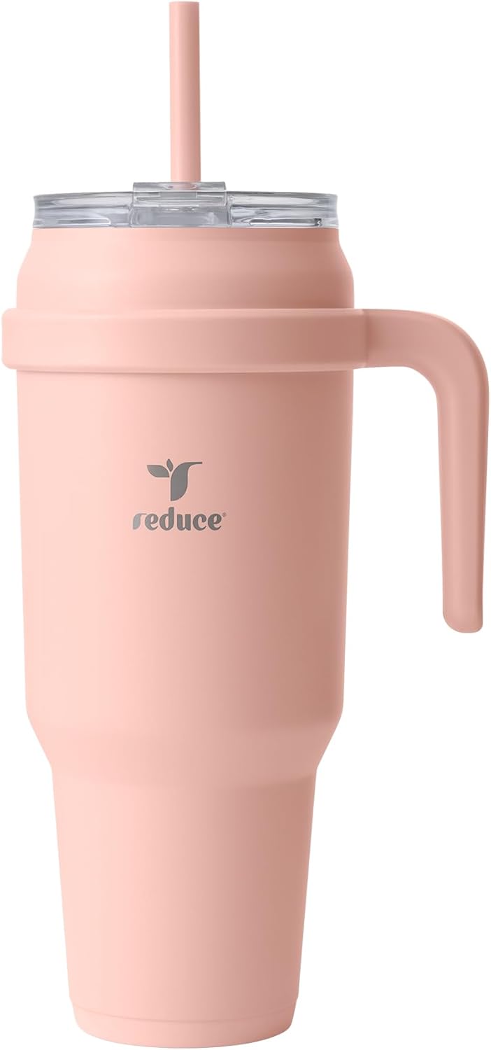 24 oz Stainless Steel Tumbler with Handle - Dual-Wall Vacuum Insulated Travel Mug, Sweat-Proof Lid & Reusable Straw - Keeps Drinks Cold for 24 Hrs, Fits Cupholders, Dishwasher Safe-Pink Cotton