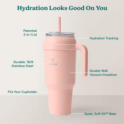 24 oz Stainless Steel Tumbler with Handle - Dual-Wall Vacuum Insulated Travel Mug, Sweat-Proof Lid & Reusable Straw - Keeps Drinks Cold for 24 Hrs, Fits Cupholders, Dishwasher Safe-Pink Cotton