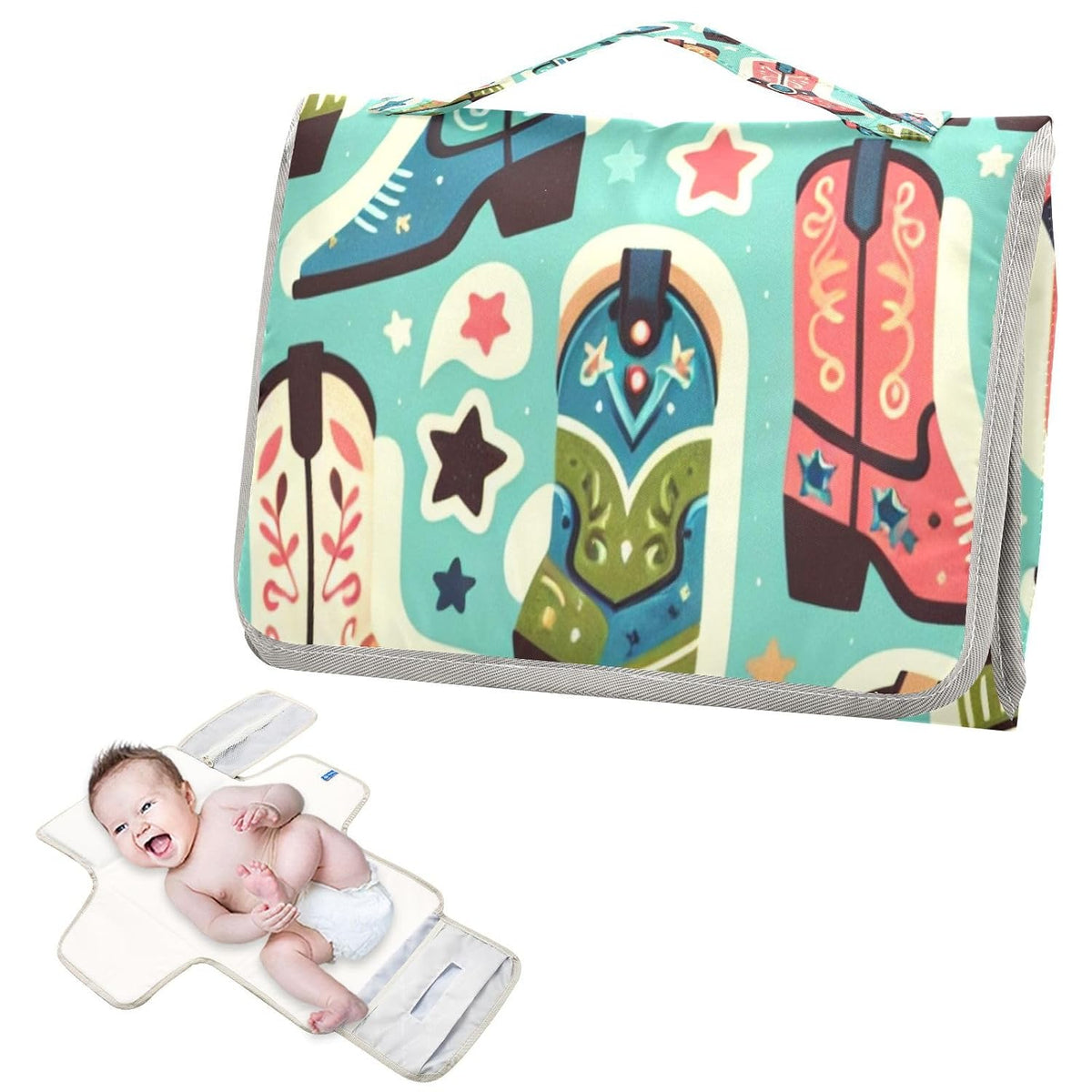 Cute Boots Cowboy Portable Diaper Changing Pad, Waterproof Baby Changing Mat with Storage Pocket & Built-in Pillow, Foldable Travel Pad, Newborn Gift Set for Boy Girl