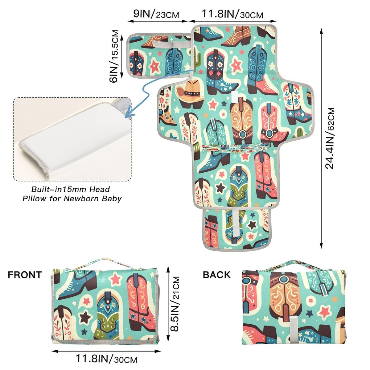 Cute Boots Cowboy Portable Diaper Changing Pad, Waterproof Baby Changing Mat with Storage Pocket & Built-in Pillow, Foldable Travel Pad, Newborn Gift Set for Boy Girl