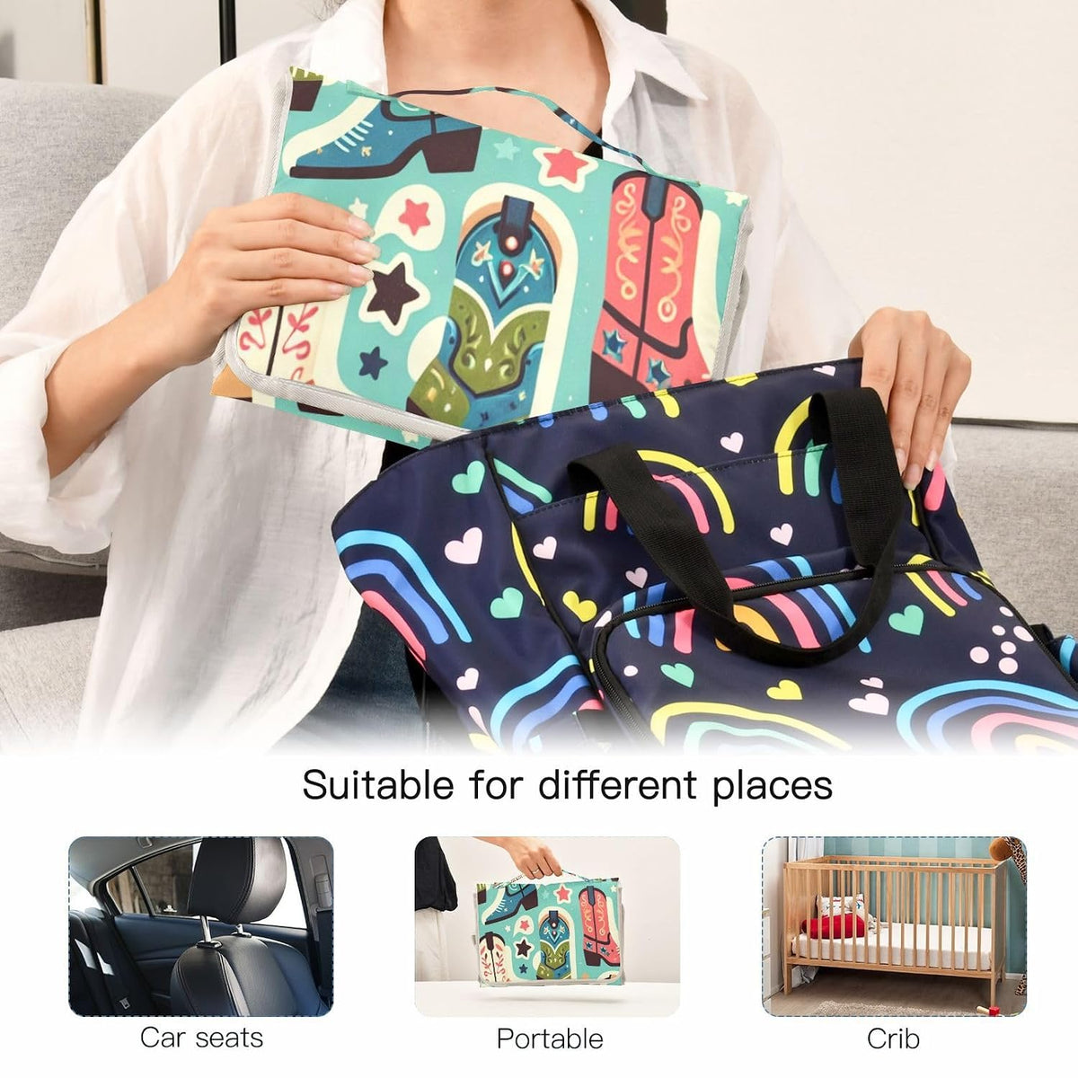 Cute Boots Cowboy Portable Diaper Changing Pad, Waterproof Baby Changing Mat with Storage Pocket & Built-in Pillow, Foldable Travel Pad, Newborn Gift Set for Boy Girl