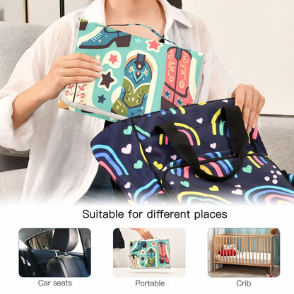 Cute Boots Cowboy Portable Diaper Changing Pad, Waterproof Baby Changing Mat with Storage Pocket & Built-in Pillow, Foldable Travel Pad, Newborn Gift Set for Boy Girl