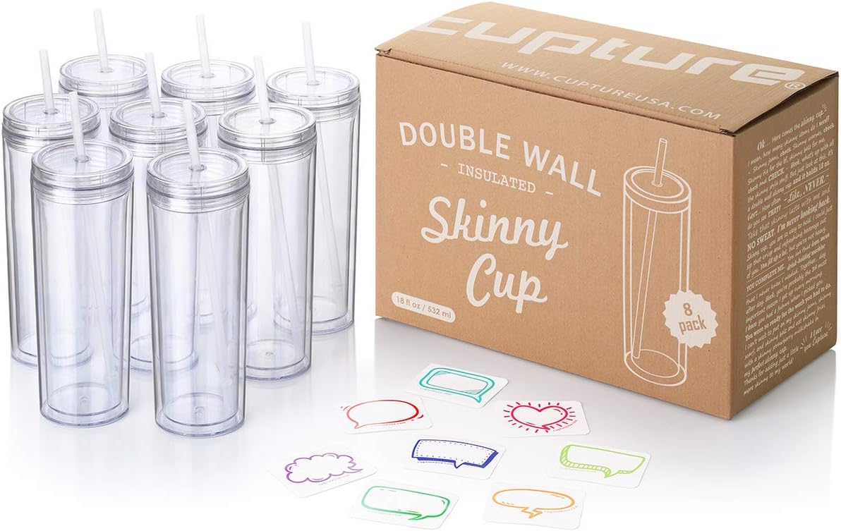Skinny Acrylic Tumbler Cups with Straws - 18 oz, 8 Pack (Clear)