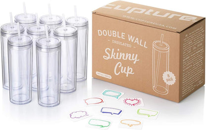 Skinny Acrylic Tumbler Cups with Straws - 18 oz, 8 Pack (Clear)