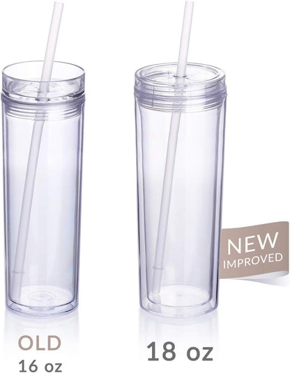 Skinny Acrylic Tumbler Cups with Straws - 18 oz, 8 Pack (Clear)