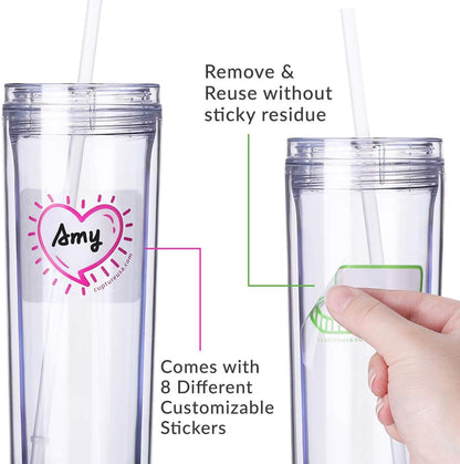 Skinny Acrylic Tumbler Cups with Straws - 18 oz, 8 Pack (Clear)