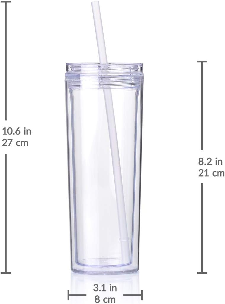 Skinny Acrylic Tumbler Cups with Straws - 18 oz, 8 Pack (Clear)
