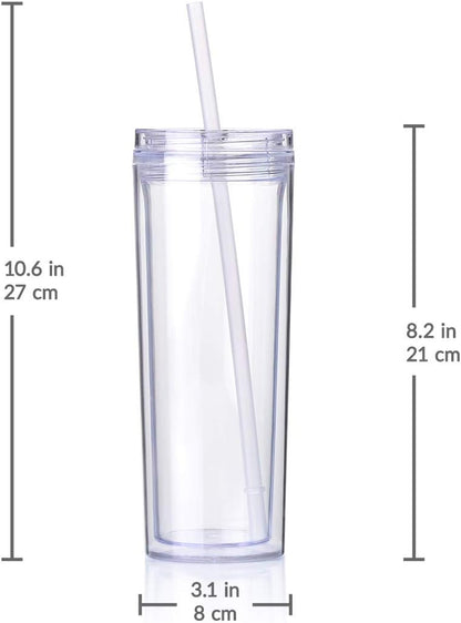 Skinny Acrylic Tumbler Cups with Straws - 18 oz, 8 Pack (Clear)