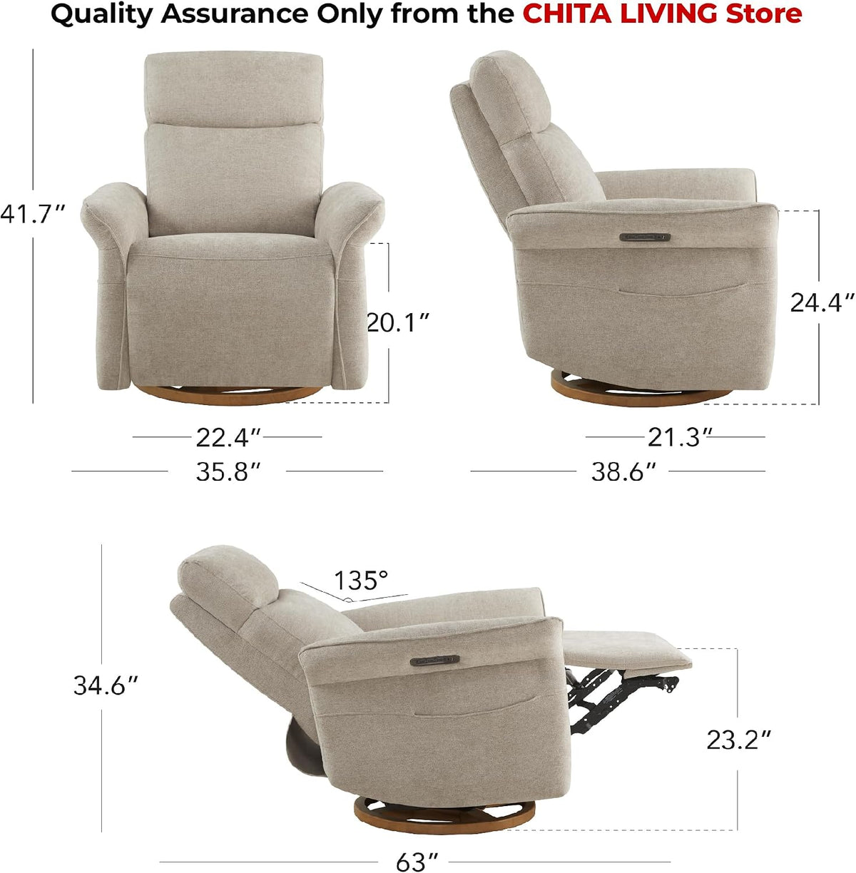 Power Swivel Glider Nursery Recliner Chair, Triple Motor, Khaki Grey