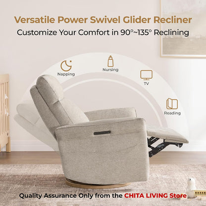 Power Swivel Glider Nursery Recliner Chair, Triple Motor, Khaki Grey