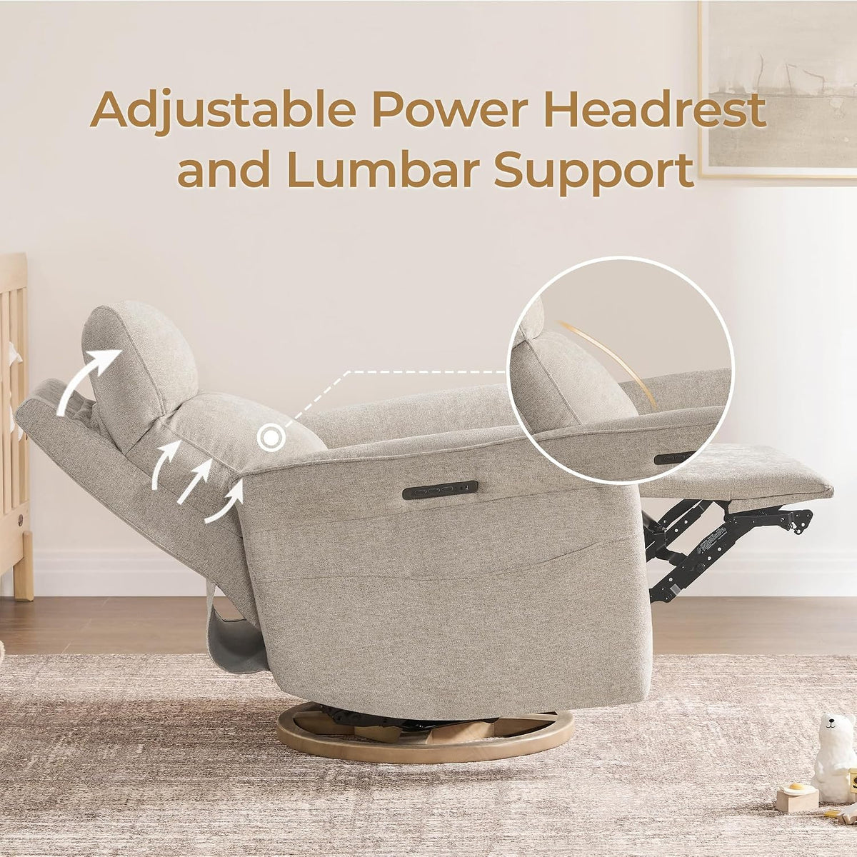 Power Swivel Glider Nursery Recliner Chair, Triple Motor, Khaki Grey