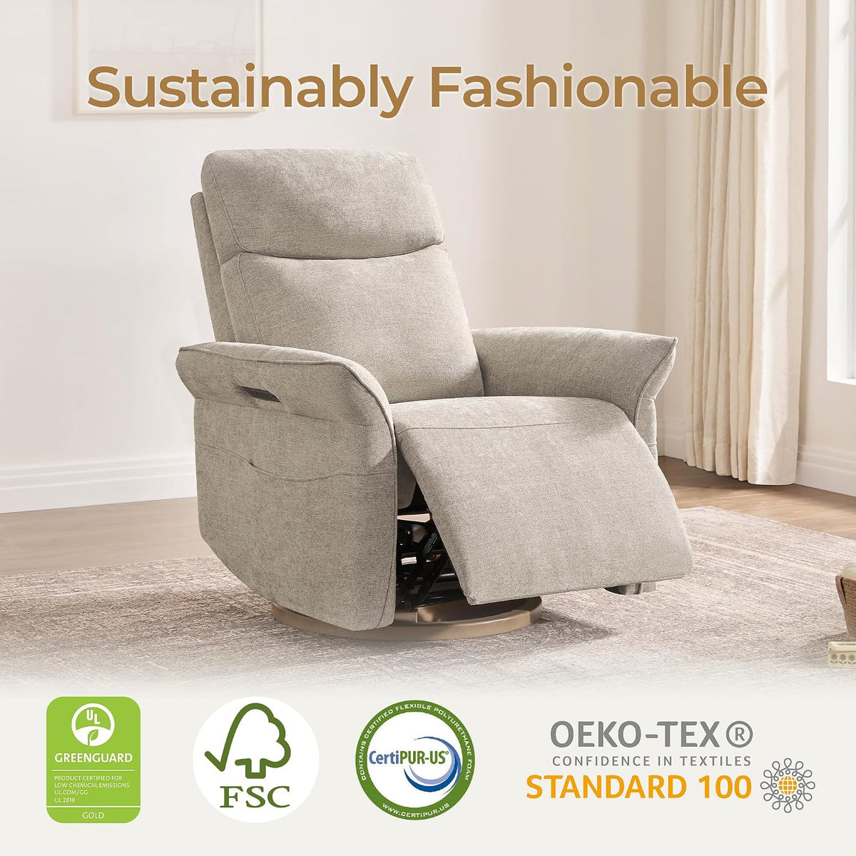 Power Swivel Glider Nursery Recliner Chair, Triple Motor, Khaki Grey