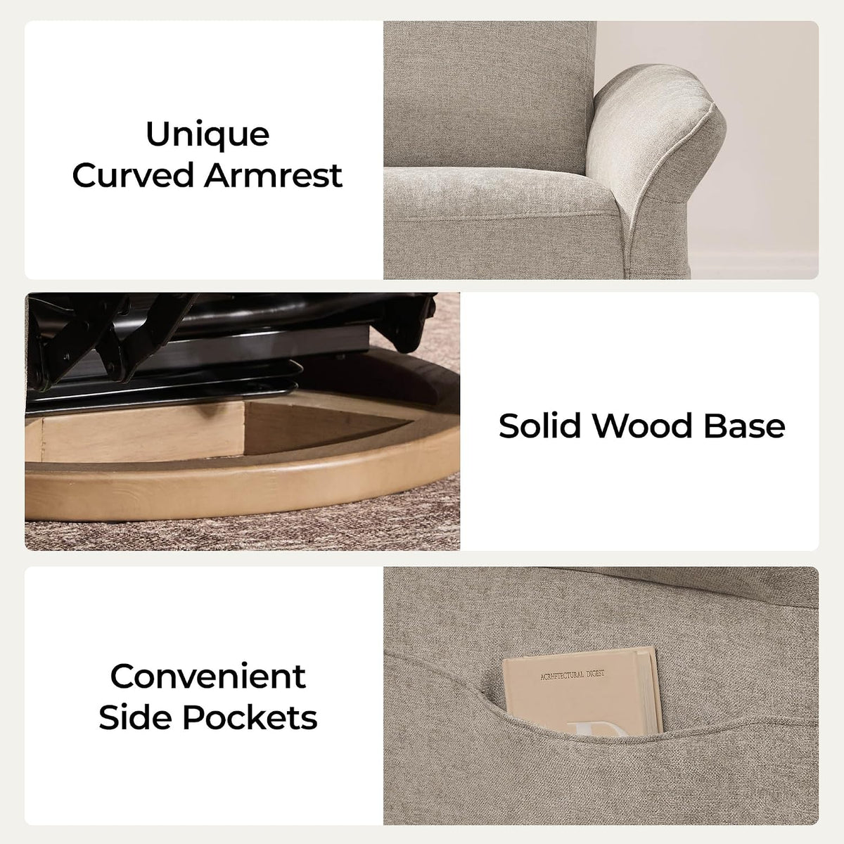 Power Swivel Glider Nursery Recliner Chair, Triple Motor, Khaki Grey