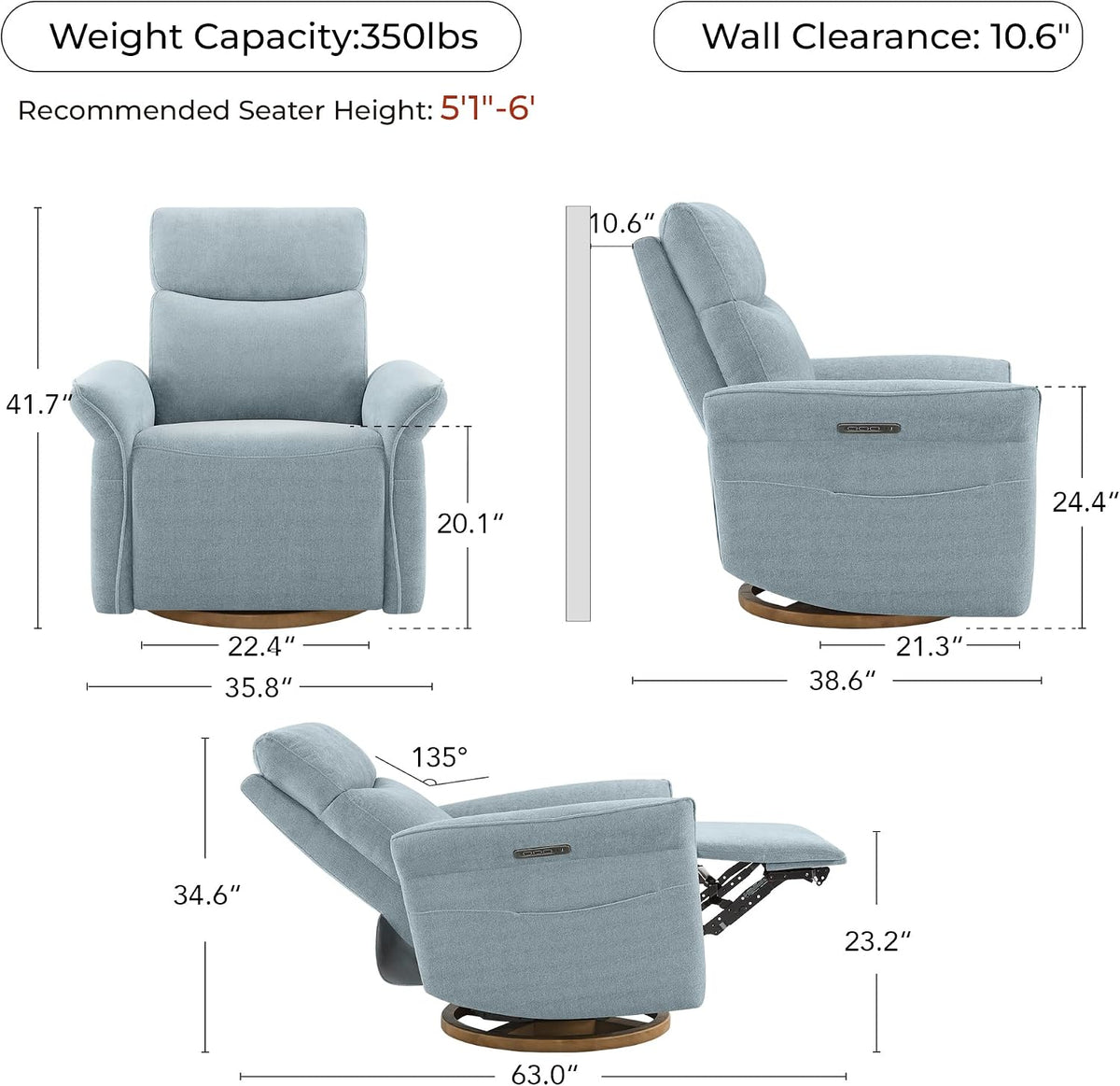 Power Swivel Glider Nursery Recliner Chair, Triple Motor, Khaki Grey