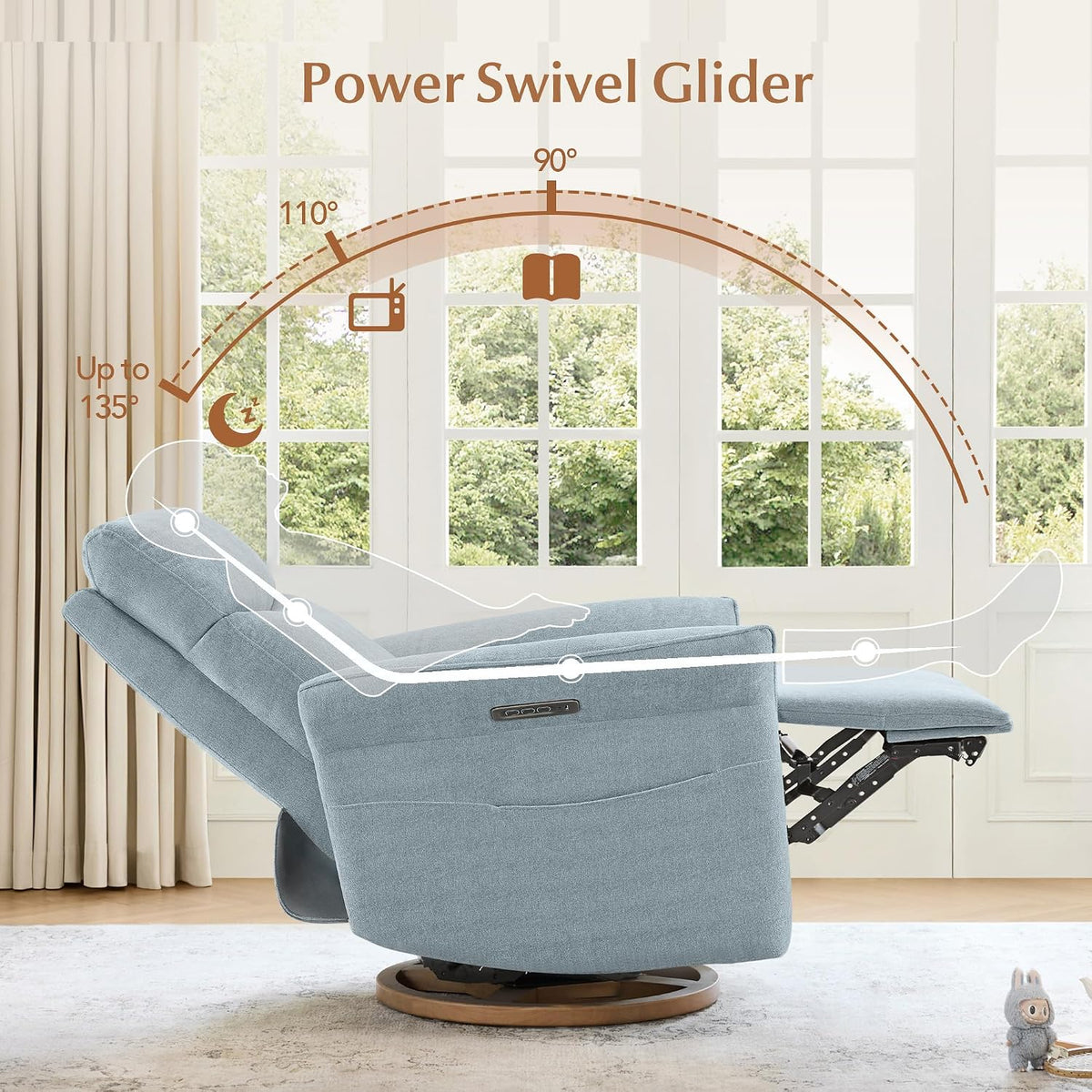 Power Swivel Glider Nursery Recliner Chair, Triple Motor, Khaki Grey